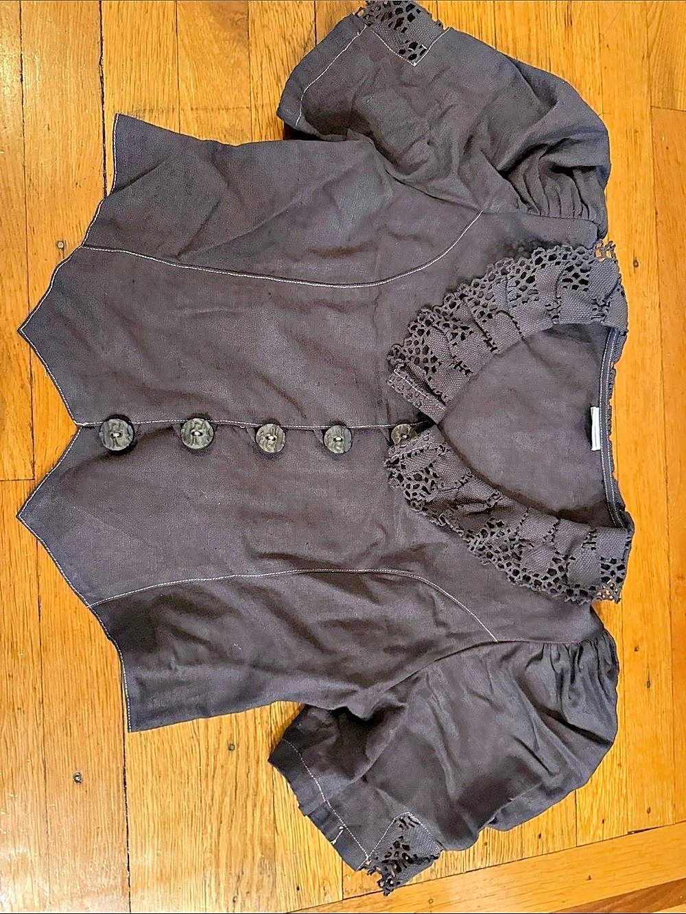Greyish Soft Black Linen Austrian Romantic Top Lace Collar Puff Sleeve Blouse